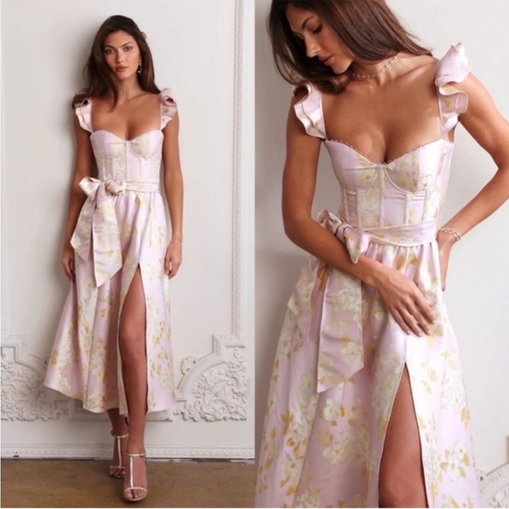 V. Chapman Vera Baroque Floral Inlay Ruffle Formal Lilac Midi Dress Gown 4